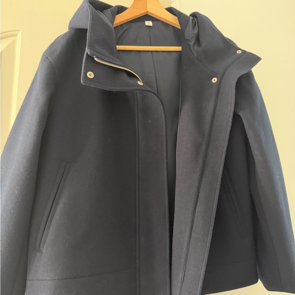 Elegant Navy Blue Hooded Pea Coat